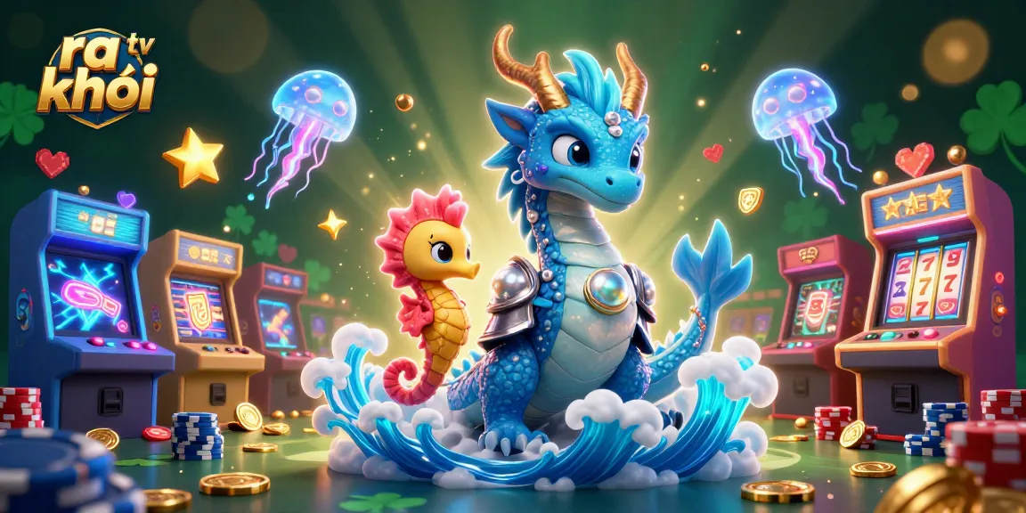 Enjoy live streaming with ra khơi tv in a vibrant casino-themed 3D scene filled with sparkling elements.