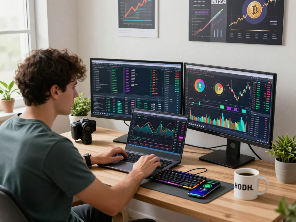 Cryptocurrency trader using kyber-swap on multiple screens in a vibrant home office.
