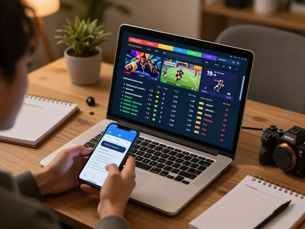 Engaging with sports betting odds on FUN79 platform in a cozy home office.