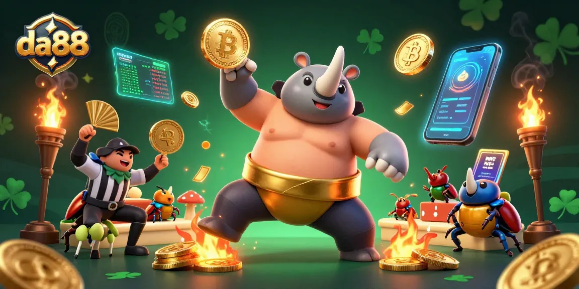 da88 casino scene featuring a rhinoceros beetle champion surrounded by crypto elements.