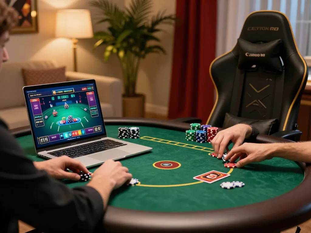 Player engaging with poker game online in cozy setup - bulenthasan
