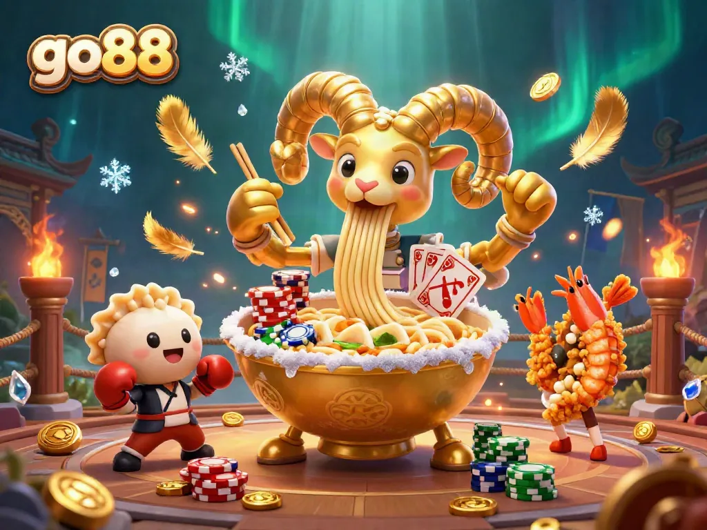 Engage with go88's vibrant casino scene featuring a colorful ramen bowl dealer amidst gold tokens.