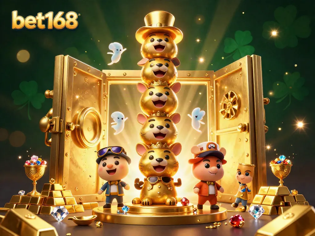 Experience betting thrills with bet168 in an immersive casino-themed illustration filled with golden treasures.
