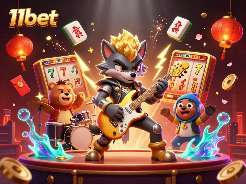 Experience thrilling gameplay at 11bet with a dynamic casino scene featuring a rock star wolf and a bear drummer.