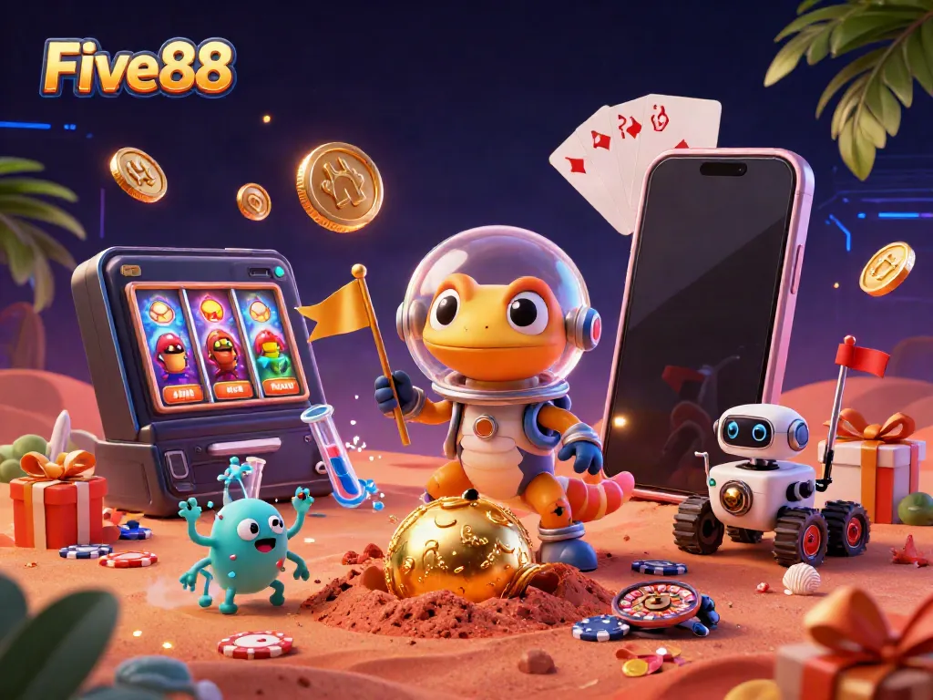 Five88 Martian gecko explores a golden casino, surrounded by vibrant gaming elements.