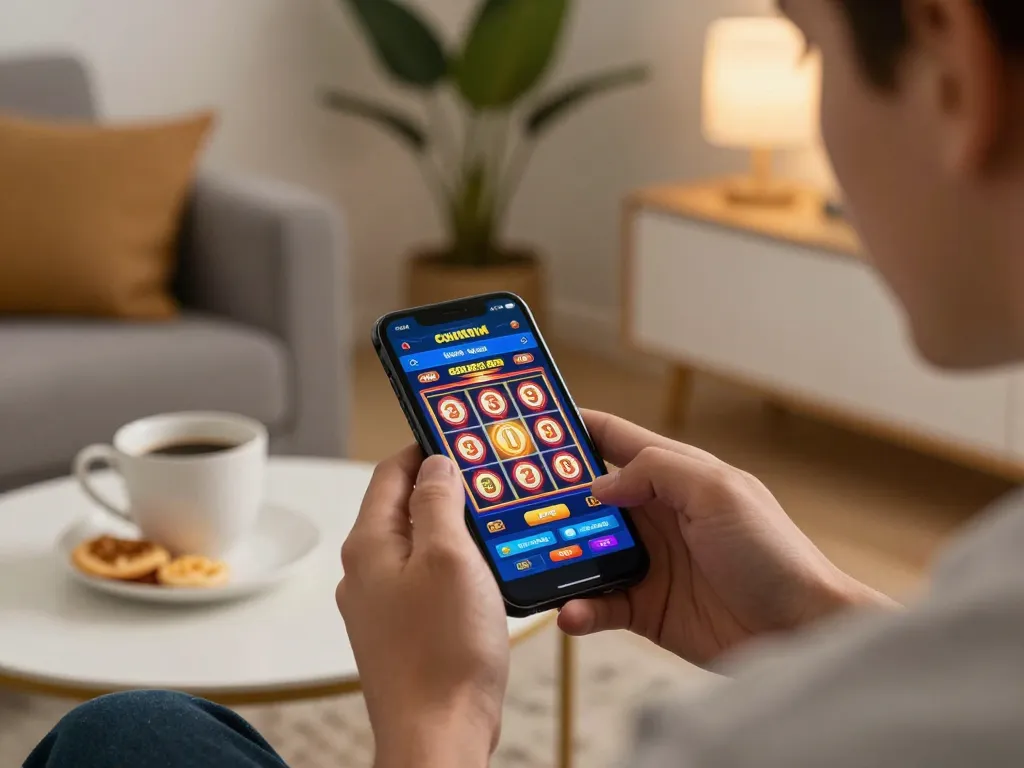 RR88 gaming on mobile app featuring slot interface in a cozy home setting