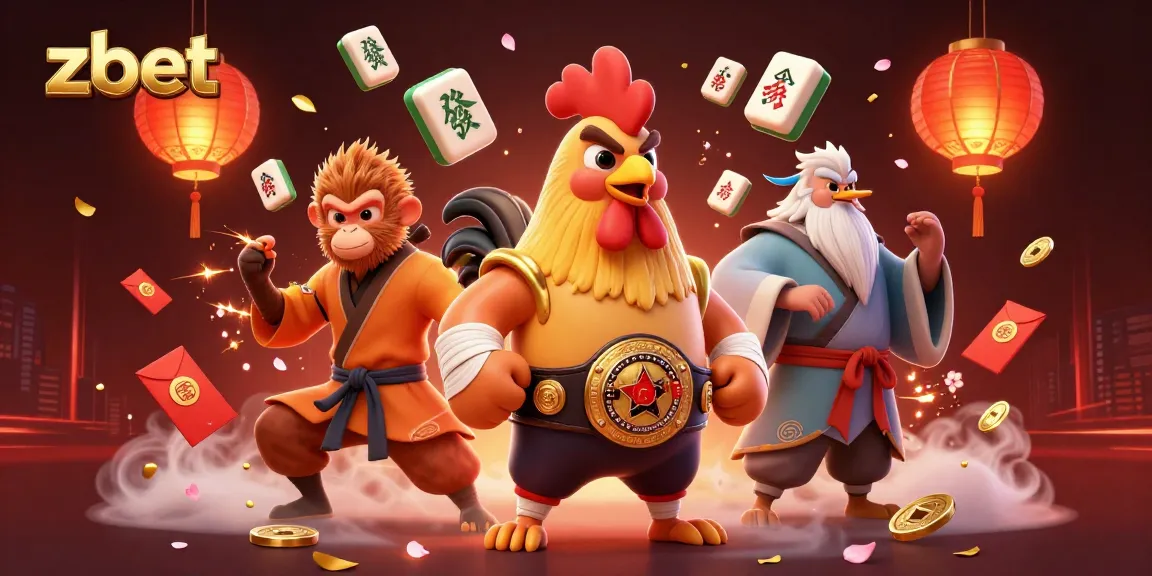 Zbet features a dynamic 3D scene with a Muay Thai rooster, Shaolin monkey, and crane master celebrating gambling.