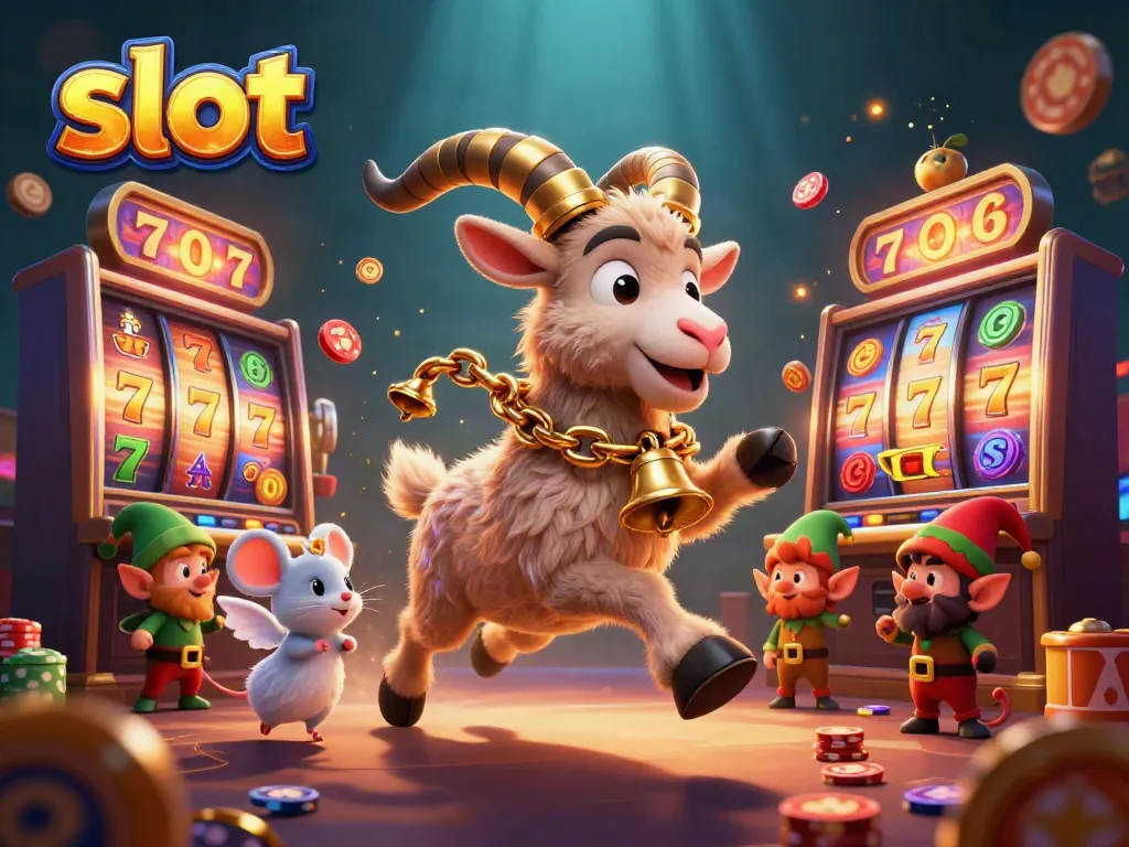 Engaging slot-themed casino scene featuring a Krampus goat, angel mouse, and elf gremlins amidst colorful slot reels