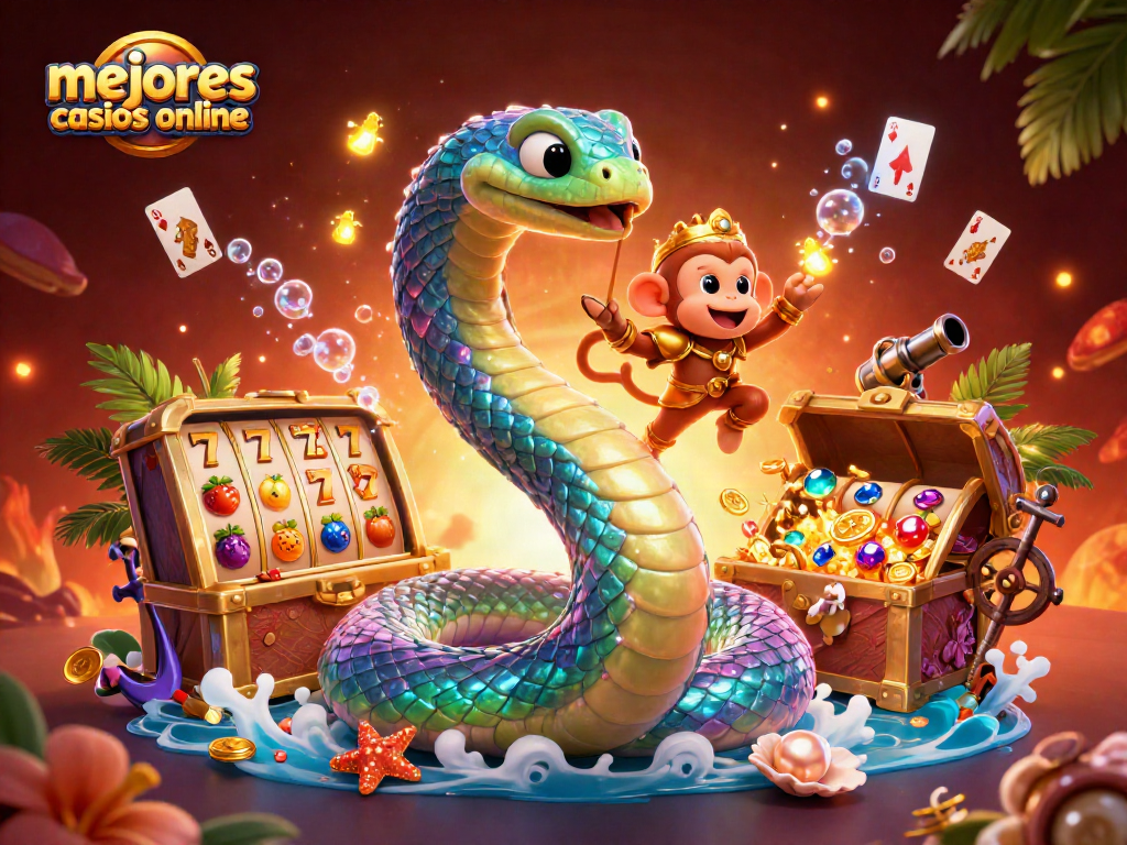 Descubre los mejores casinos online en una ilustración vibrante con elementos de juego y premios.