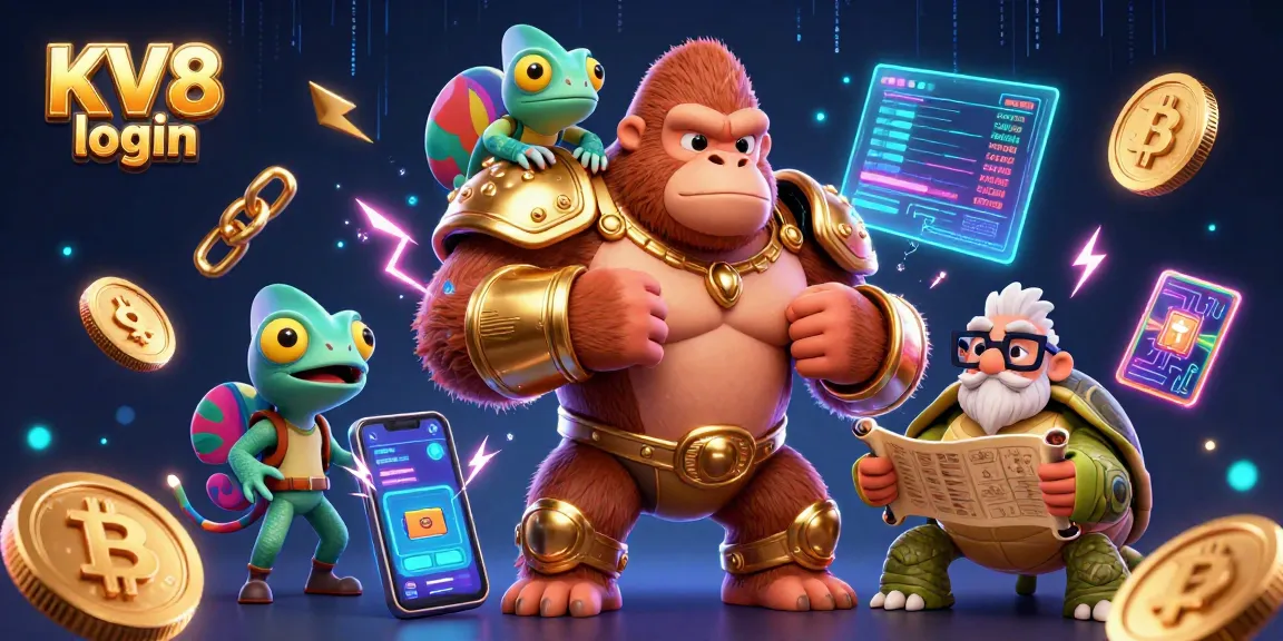 Engage in winning with KV8 login, featuring a gorilla king and chameleon amidst crypto elements.