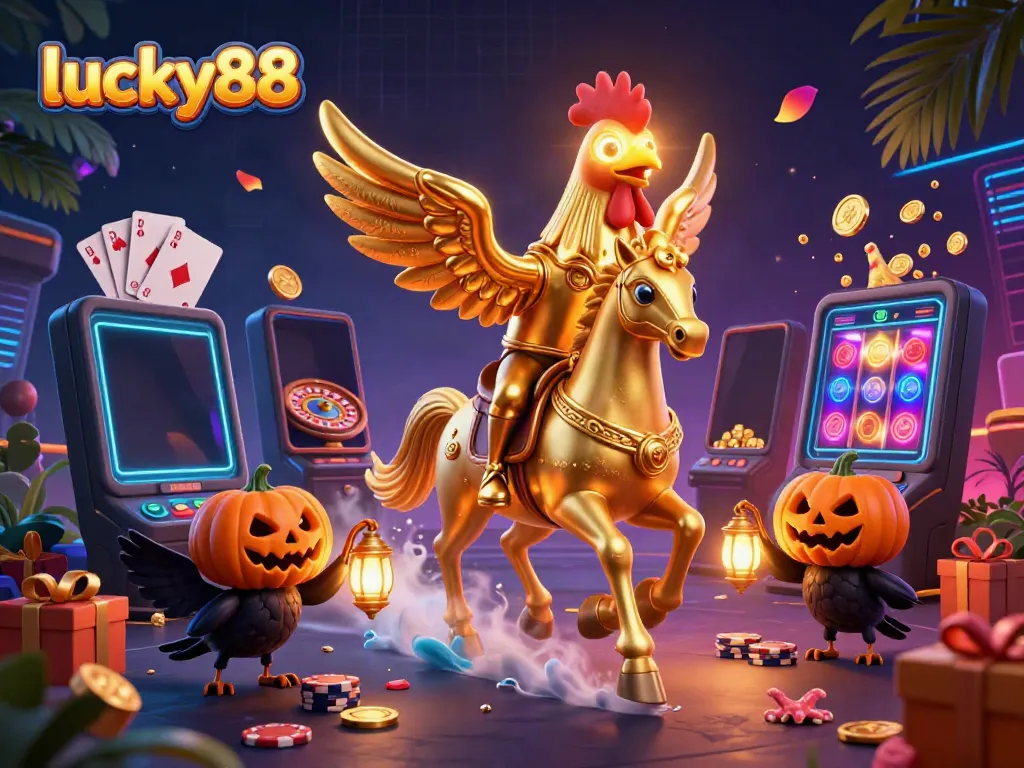 Watch the golden rooster headless horseman bring luck at the lucky88 casino with dazzling slot games.