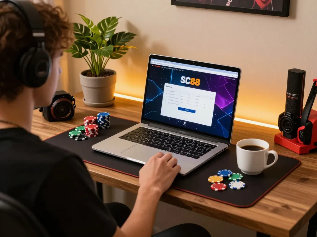 Engaging online gambling scene featuring SC88 đăng nhập on laptop, cozy gaming setup, and vibrant decor.