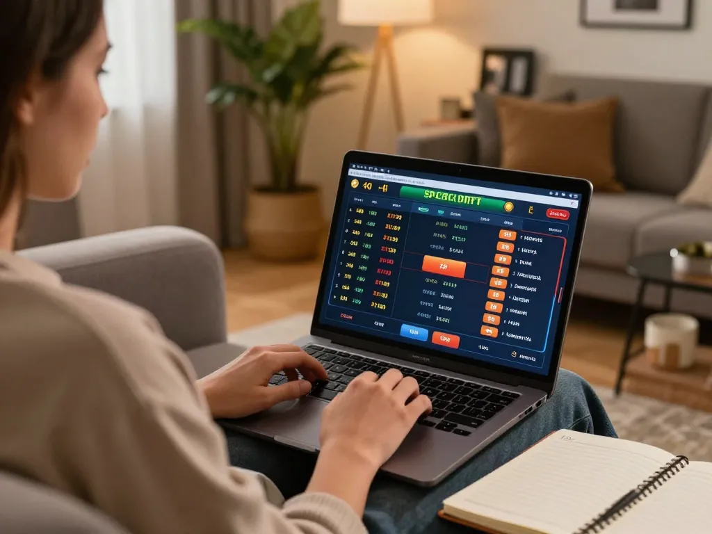 Người tham gia cá cược thể thao trên 12bet bằng laptop, trong không khí ấm cúng của ngôi nhà.