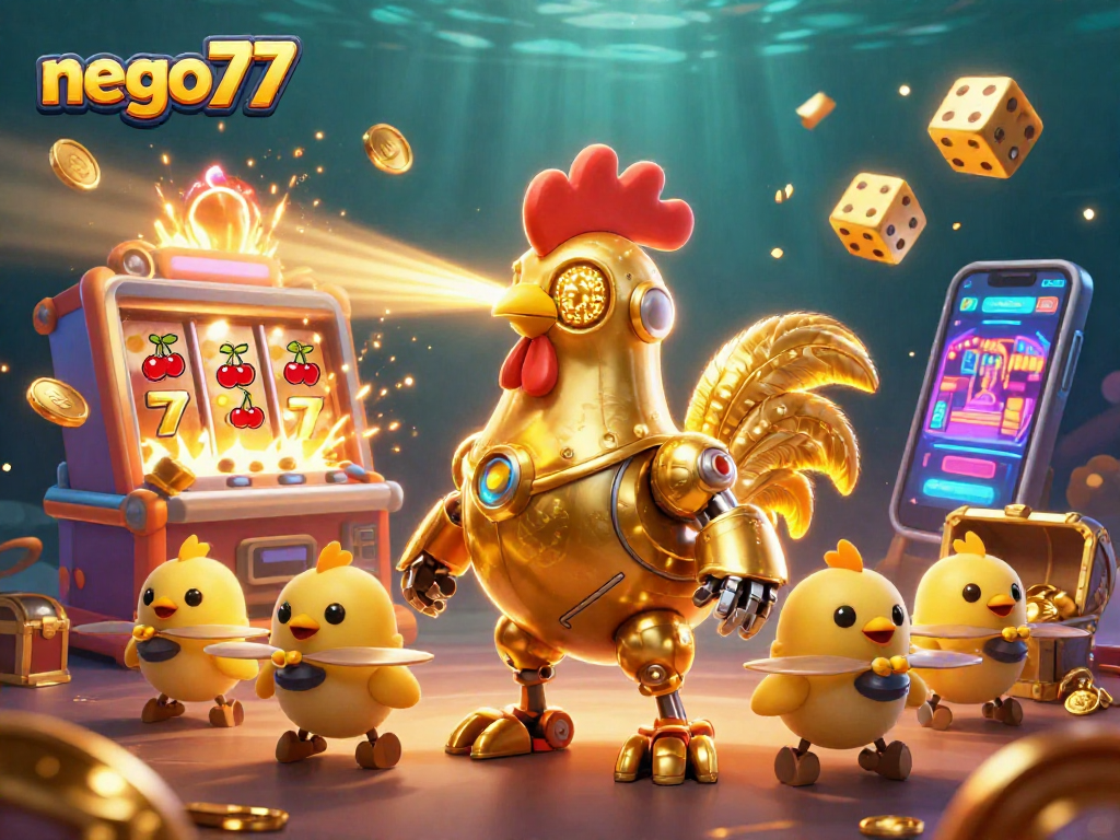 Experience thrilling gameplay with nego77's vibrant casino scene featuring slot machines and golden rooster robot.