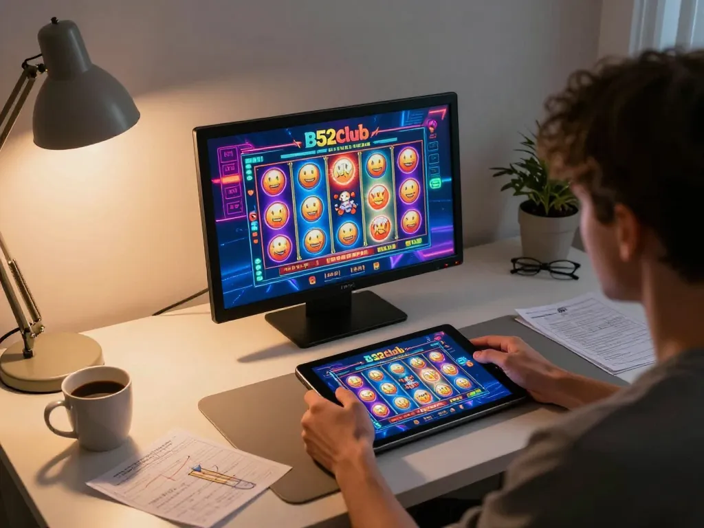 Player enjoying a casino game on B52club through a tablet, showcasing at-home gaming experience and engagement in entertainment