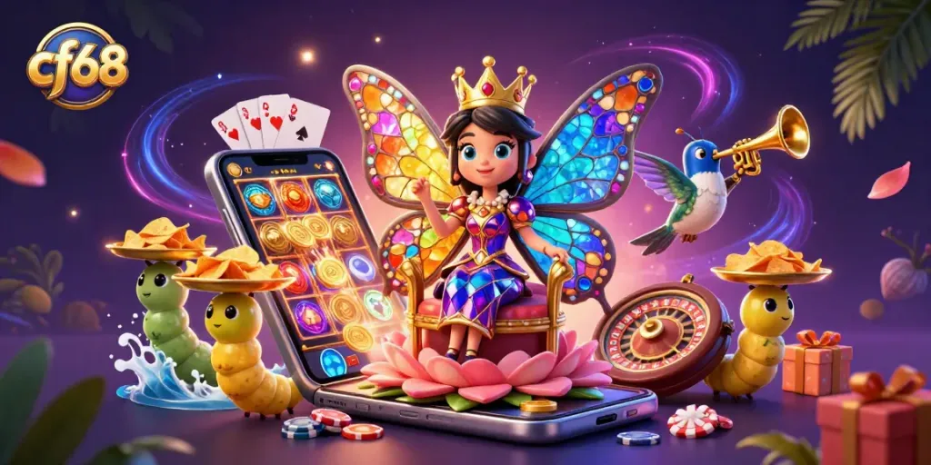Engage with exciting gambling at cf68, featuring a dazzling butterfly queen amidst vibrant casino elements.