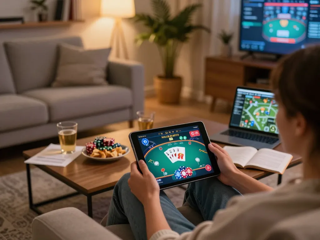 Engaging game online session on tablet in cozy home setting with poker interface visible