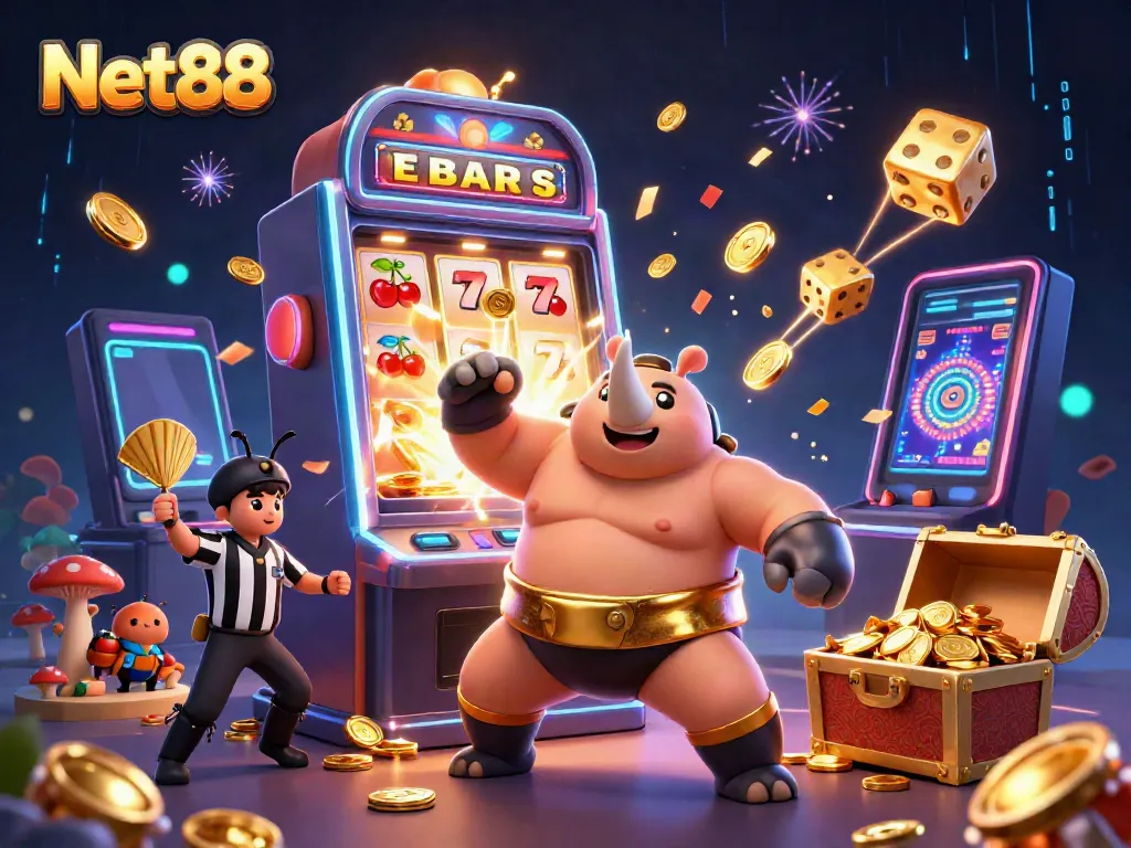 Experience the excitement of Net88 with vibrant visuals of a sumo champion beetle amidst flying casino tokens and game elements.