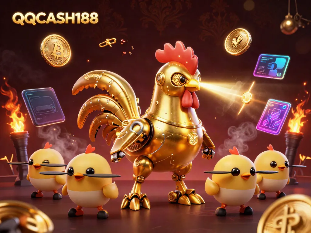 Engage with the golden rooster robot and chicks in a vibrant QQCASH188 casino scene, highlighted by neon gaming elements.