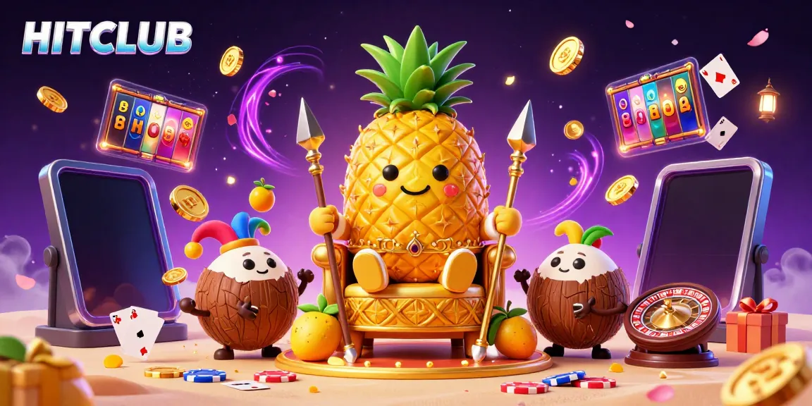 Experience the excitement at HITCLUB with a golden pineapple king in a vibrant beach casino scene filled with thrilling game elements.