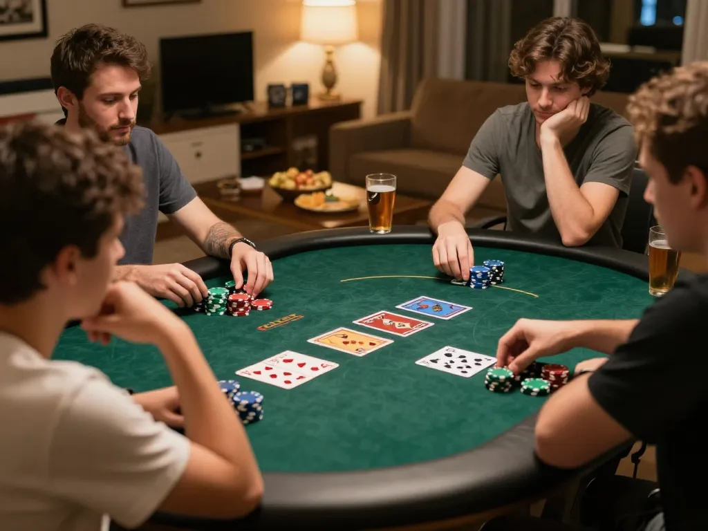 Players engaging in a home poker game with chips and cards at table, showcasing sunwin experience.