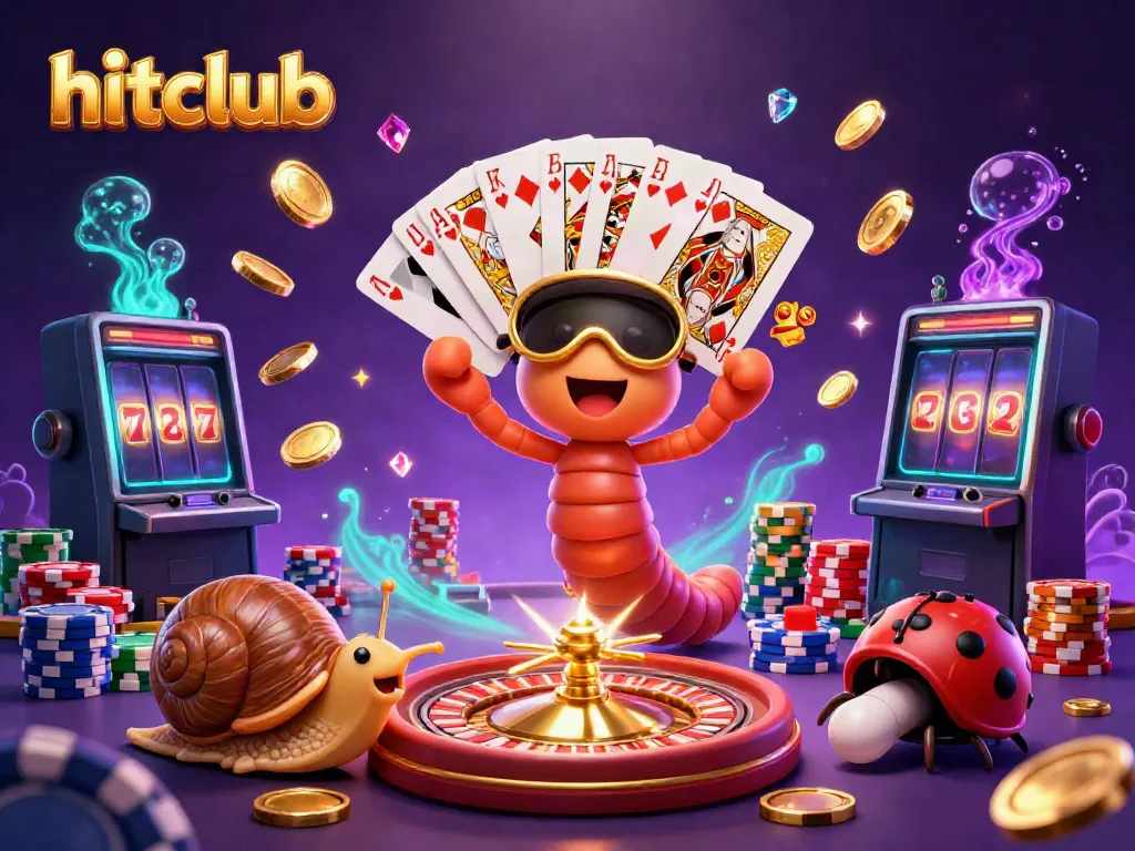 Hitclub players enjoying a vibrant casino atmosphere with engaging characters, cards, and colorful casino elements.