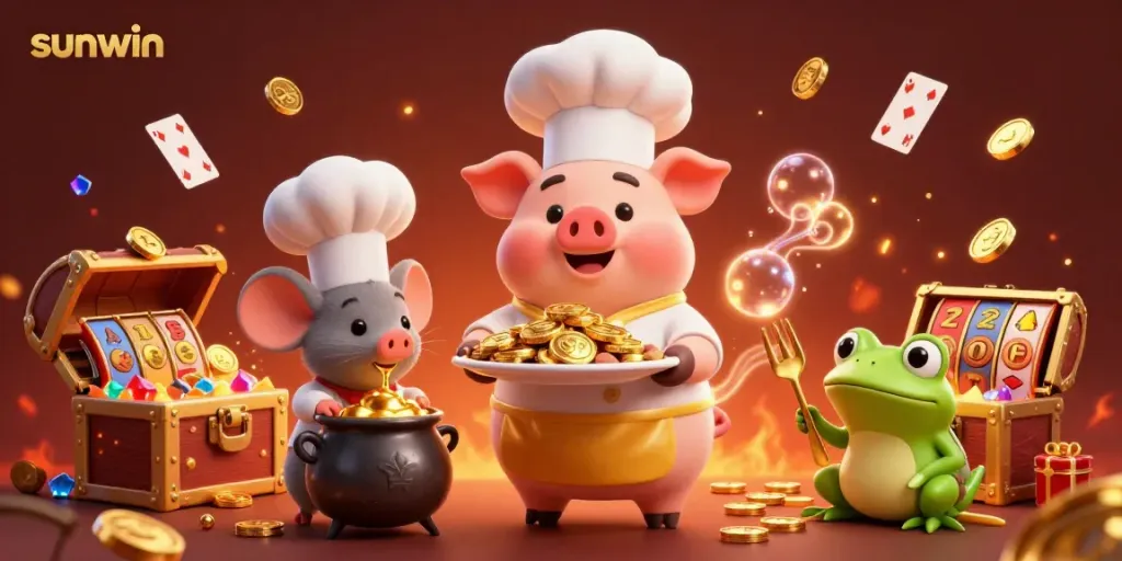Experience sunwin's casino thrills with a cartoon pig chef serving golden coins surrounded by vibrant gaming elements.