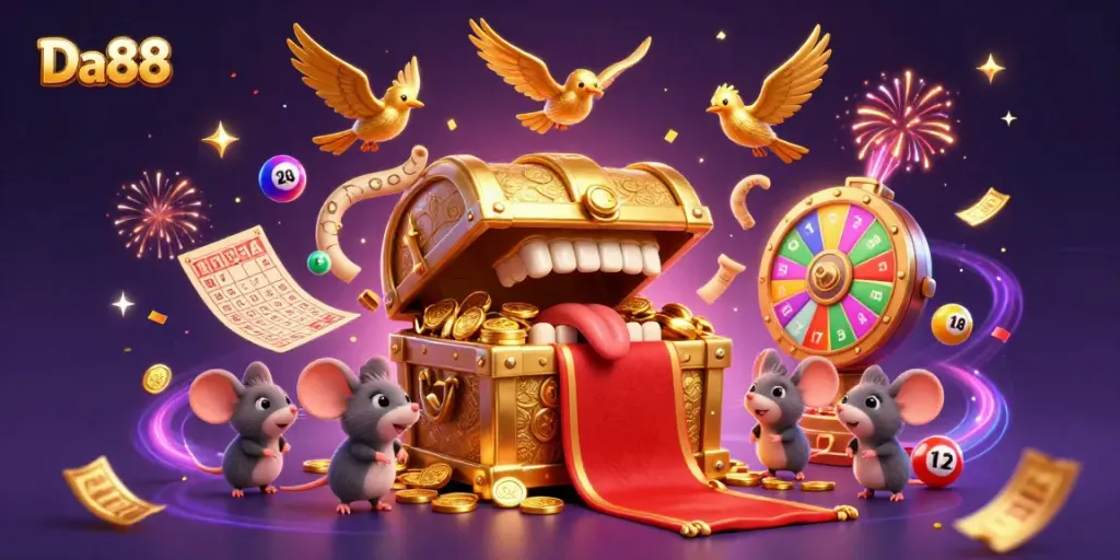 Experience excitement with Da88 as adventurer mice approach a golden treasure chest amidst colorful lottery elements in a dynamic casino setting.