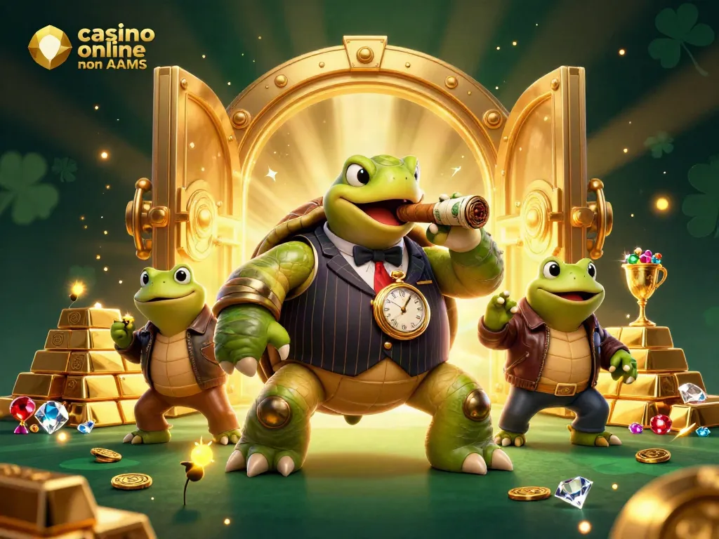 I migliori casino online non AAMS esplorati da una tartaruga gangster e rane guardie in un'illustrazione vivace