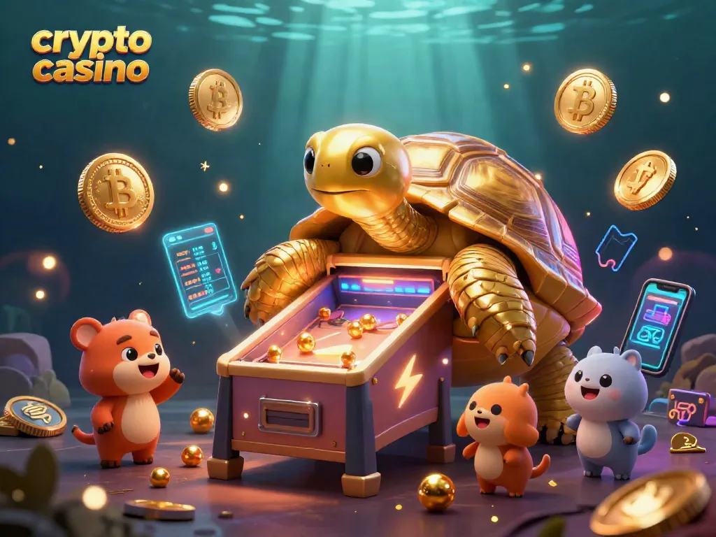 Scopri il crypto casino con una tartaruga d'oro gigante che gioca con monete di Bitcoin e Ethereum.