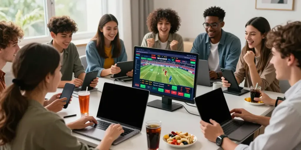 Friends enjoying sports betting on fabet platform in a modern living room setting, displaying engagement and excitement.