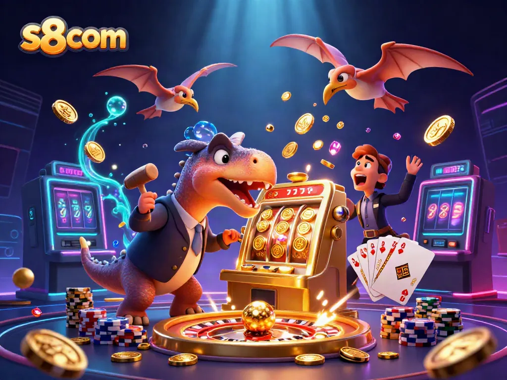 Engaging depiction of a 3D pachycephalosaurus making S8 com jackpot coins fly, surrounded by casino elements.