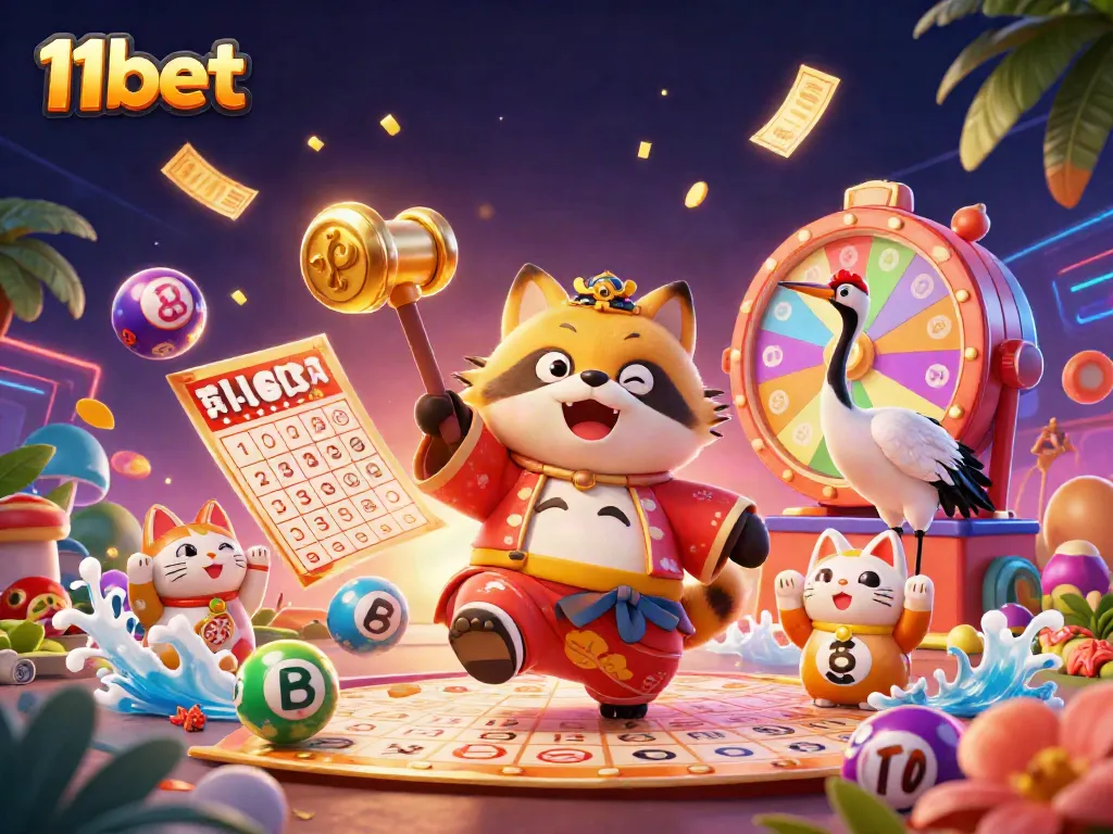 Players winning at 11bet while enjoying colorful lottery elements in a dynamic casino scene.