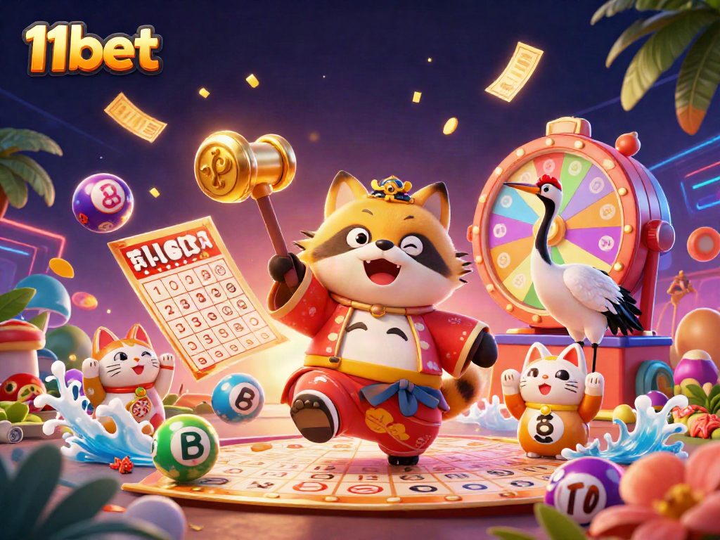 Players winning at 11bet while enjoying colorful lottery elements in a dynamic casino scene.