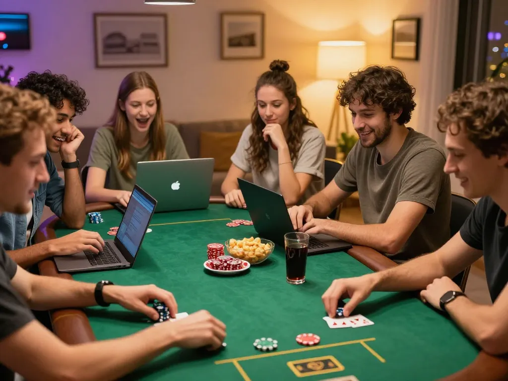 Dreidelsandmore-themed lively poker night with friends strategizing bets and enjoying online gaming atmosphere