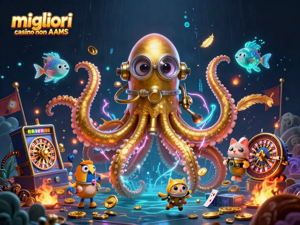 I migliori casino non AAMS presentano un kraken e un gatto subacqueo in un'illustrazione 3D ricca di elementi di gioco.