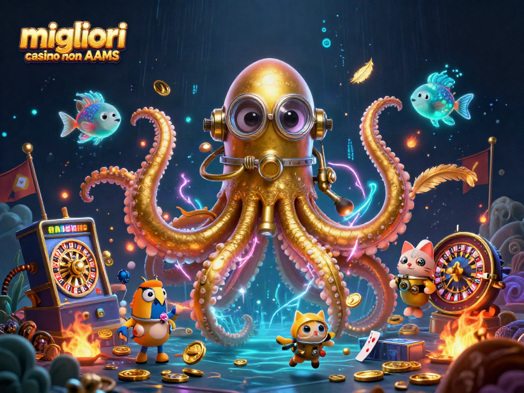 I migliori casino non AAMS presentano un kraken e un gatto subacqueo in un'illustrazione 3D ricca di elementi di gioco.