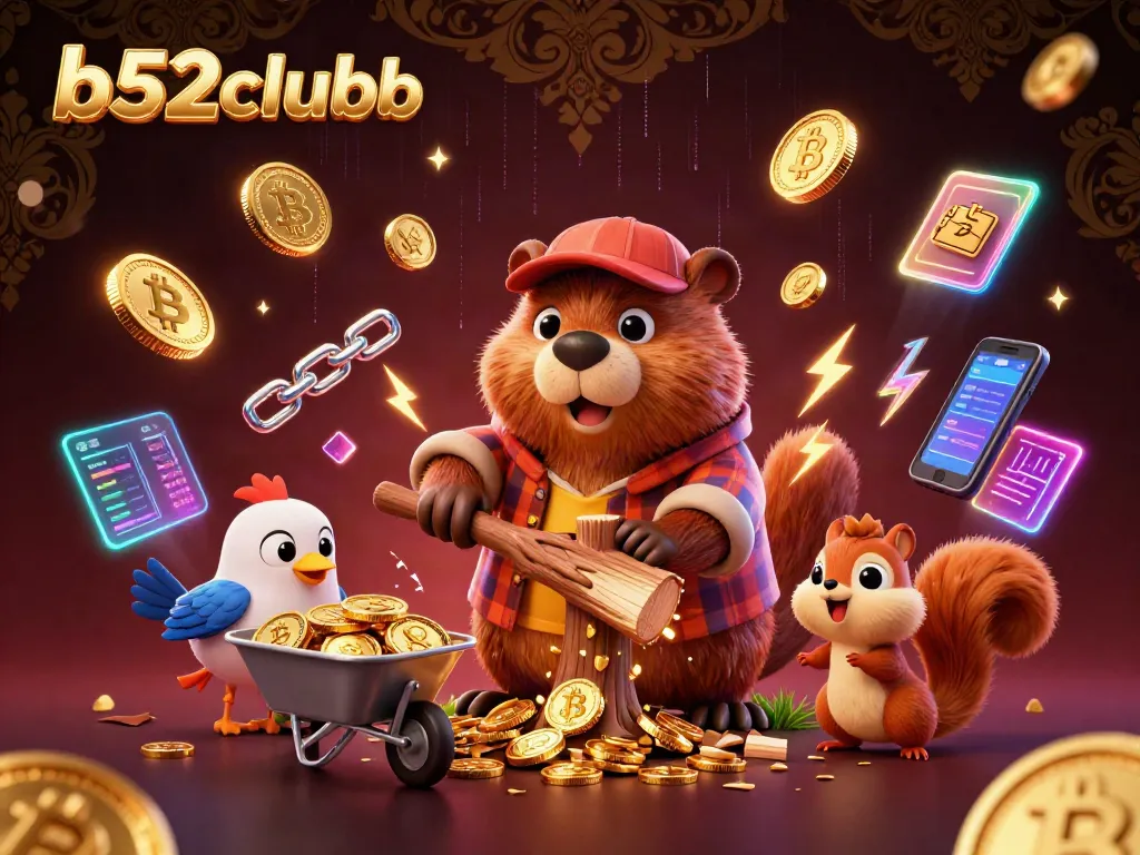 Join the b52clubb excitement with the animated beaver and companions collecting golden rewards!