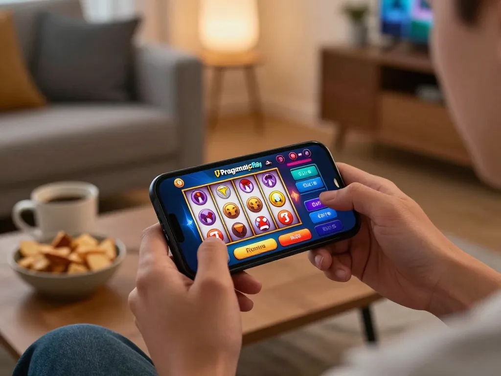 Engaging with Pragmaticplay online casino app on smartphone in a cozy home setting.