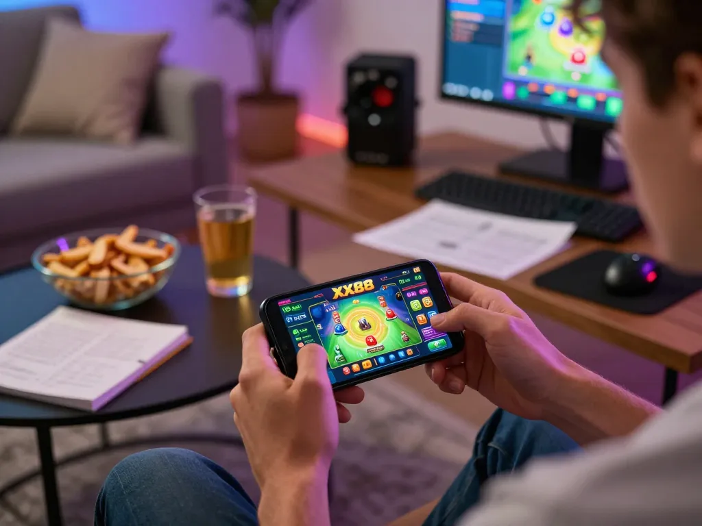 Player enjoying the XX88 app on their smartphone, immersed in online casino gaming in a cozy living room.