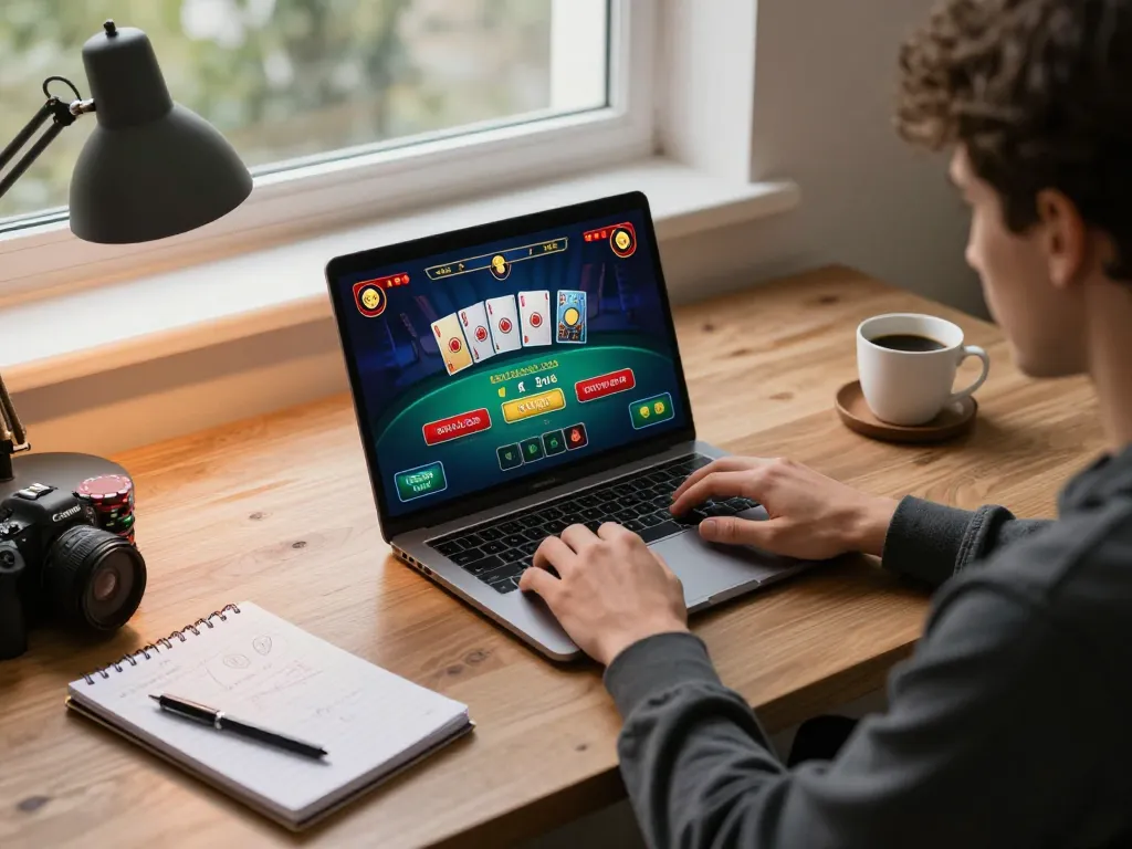 Engaging in an online blackjack game at home, showcasing strategic gameplay for fanstoysnewsandreviews readers.