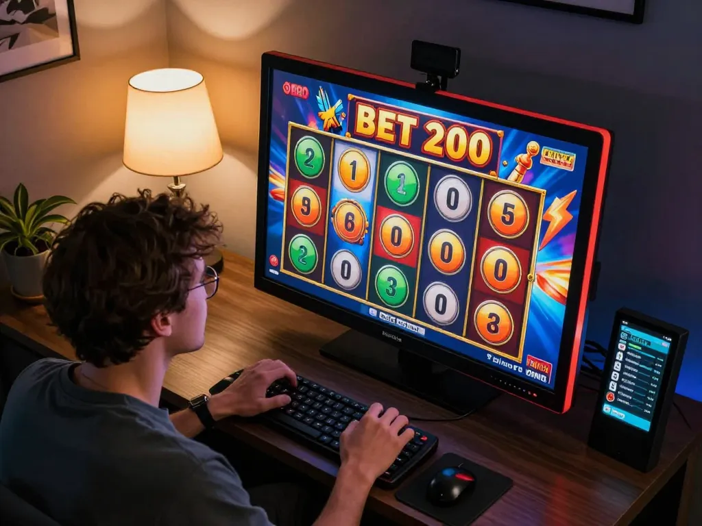 Engaged player celebrating a near win in an online slot bet 200 gaming session.