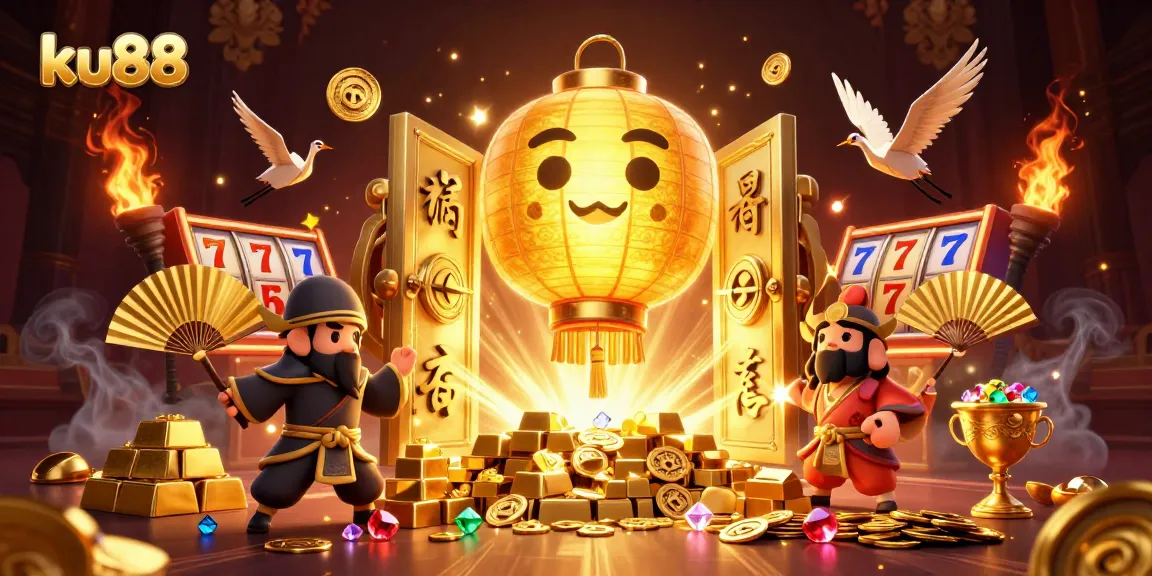 ku88 scene showcasing thrilling casino elements with a glowing lantern spirit and golden treasures.