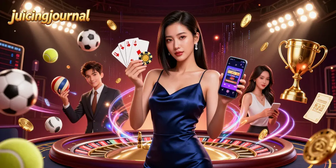 Engage with juicingjournal while winning at the casino with a stunning woman and glowing game elements.