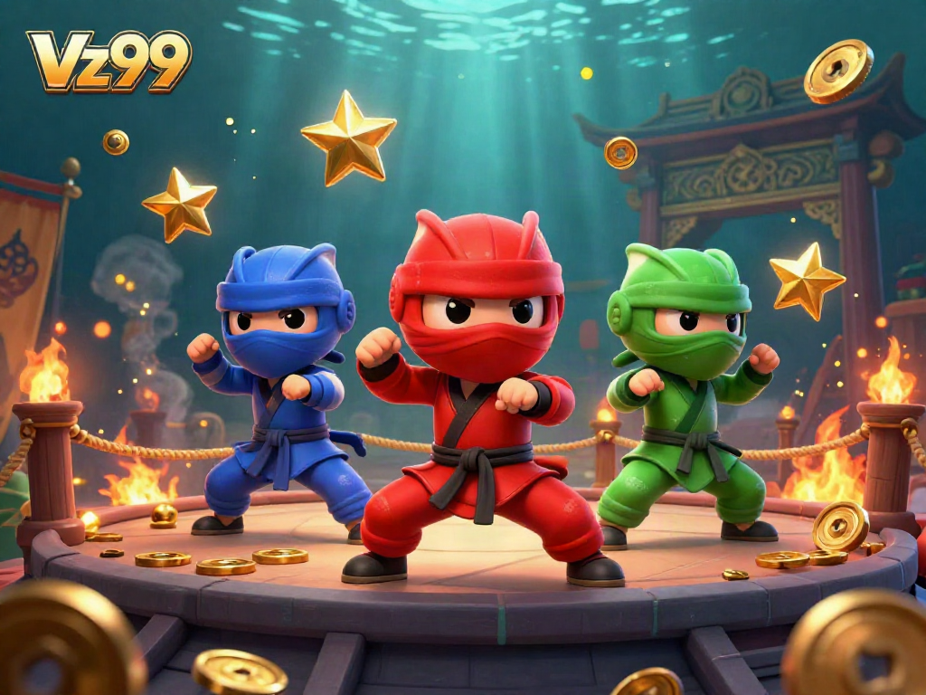 Experience Vz99's vibrant gaming with ninja chameleons amidst golden coins and gaming elements.