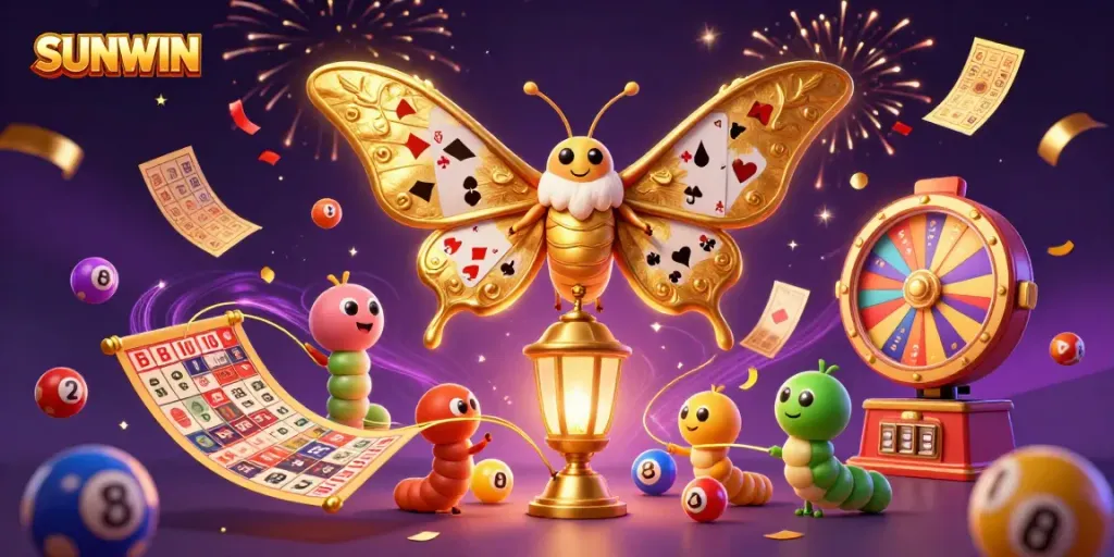 SUNWIN displays a colorful casino scene with a majestic atlas moth and dynamic gaming elements, promoting vibrant betting excitement.