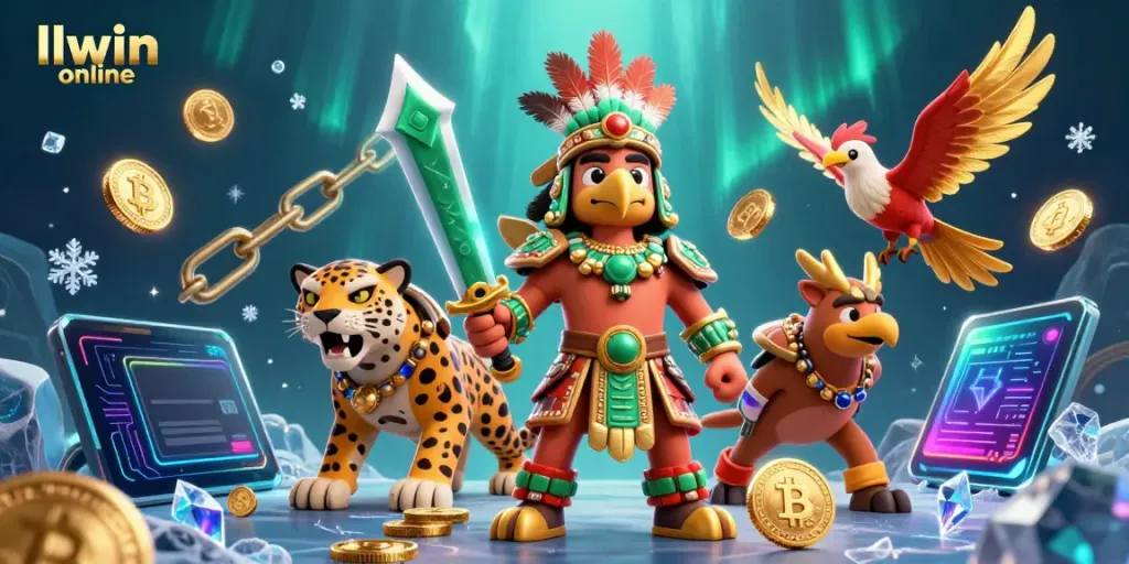 Engage with dynamic gaming at llwin online featuring Aztec warriors and crypto elements in a vibrant casino scene.