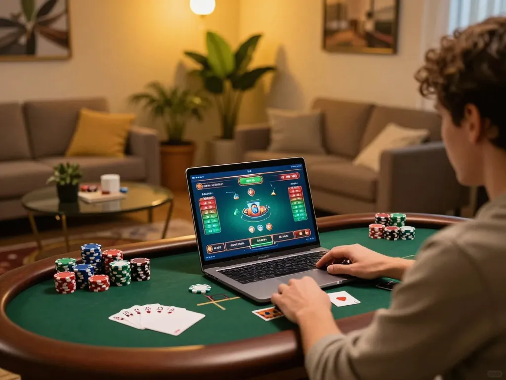 rokok88 player engaging in online poker with chips and notes on a stylish table