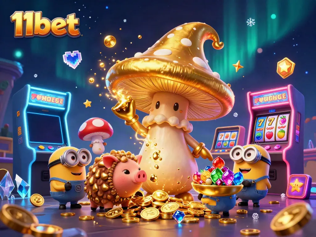 Engage with the vibrant world of 11bet, featuring a lively casino scene with 3D characters and slot elements.