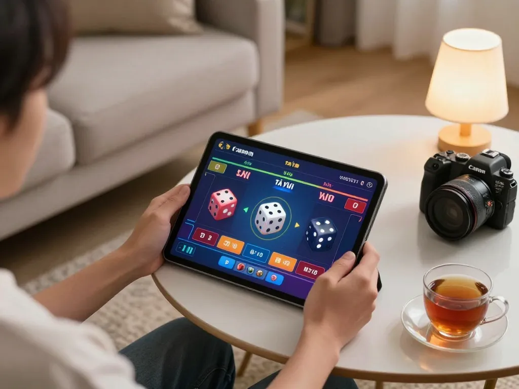 Tài xỉu online gameplay on a tablet showcasing engaging betting features with cozy home ambiance.